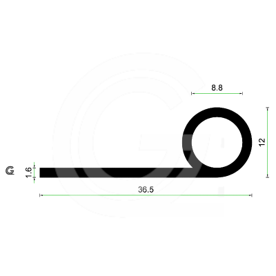 EPDM Rubber Kraal P Profiel | 36 x 12 mm | Per Meter